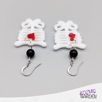 Rib Cage Earrings with Dangling Red Heart – Love Me to the Bone!