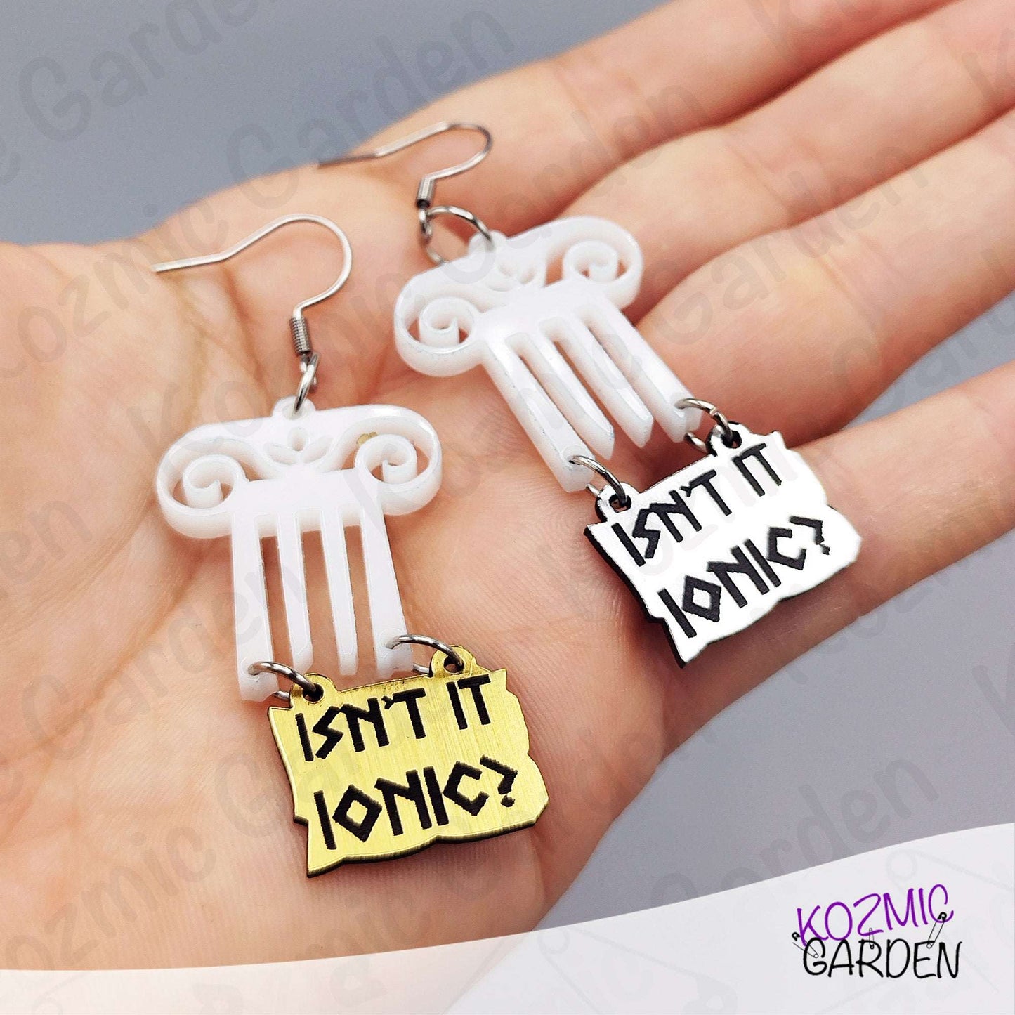 Top of Greek Column Earrings – “Isn’t It Ionic?” – Silver or Gold Panel