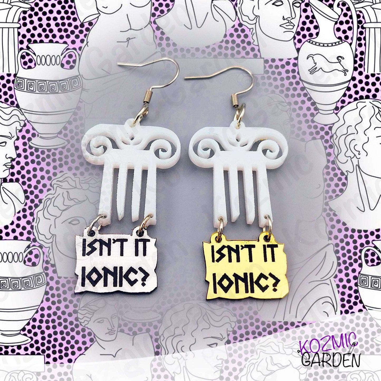 Top of Greek Column Earrings – “Isn’t It Ionic?” – Silver or Gold Panel