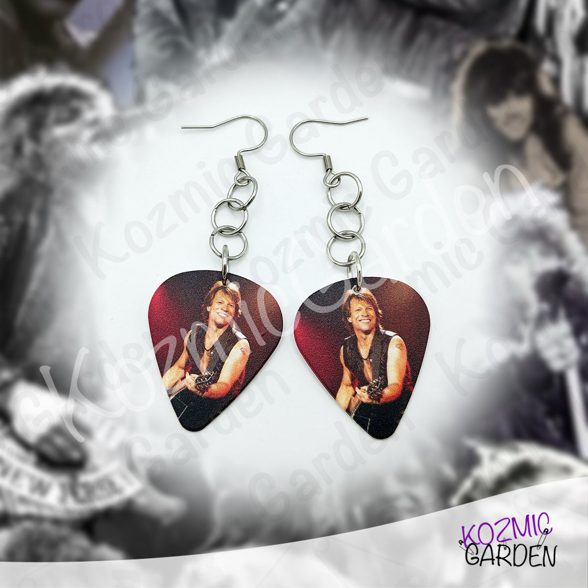 Jon Bon Jovi Guitar Pick Earrings | Rock Dangle Earrings for 80s Rock Fans