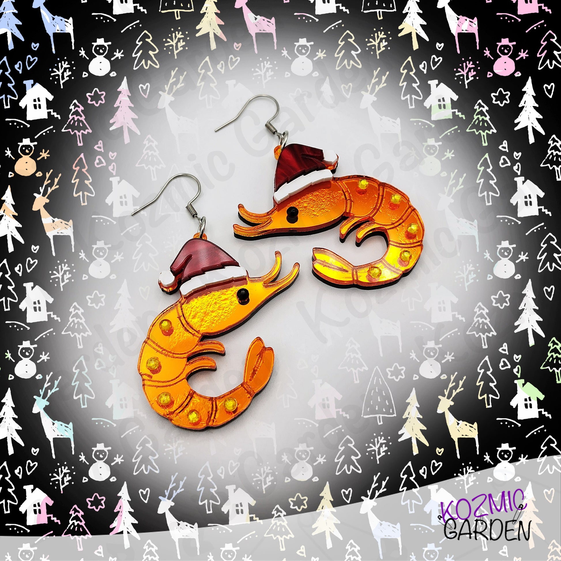 Shrimp-shaped earrings with Santa hats on a Christmas-themed background, featuring trees, houses, and reindeer.