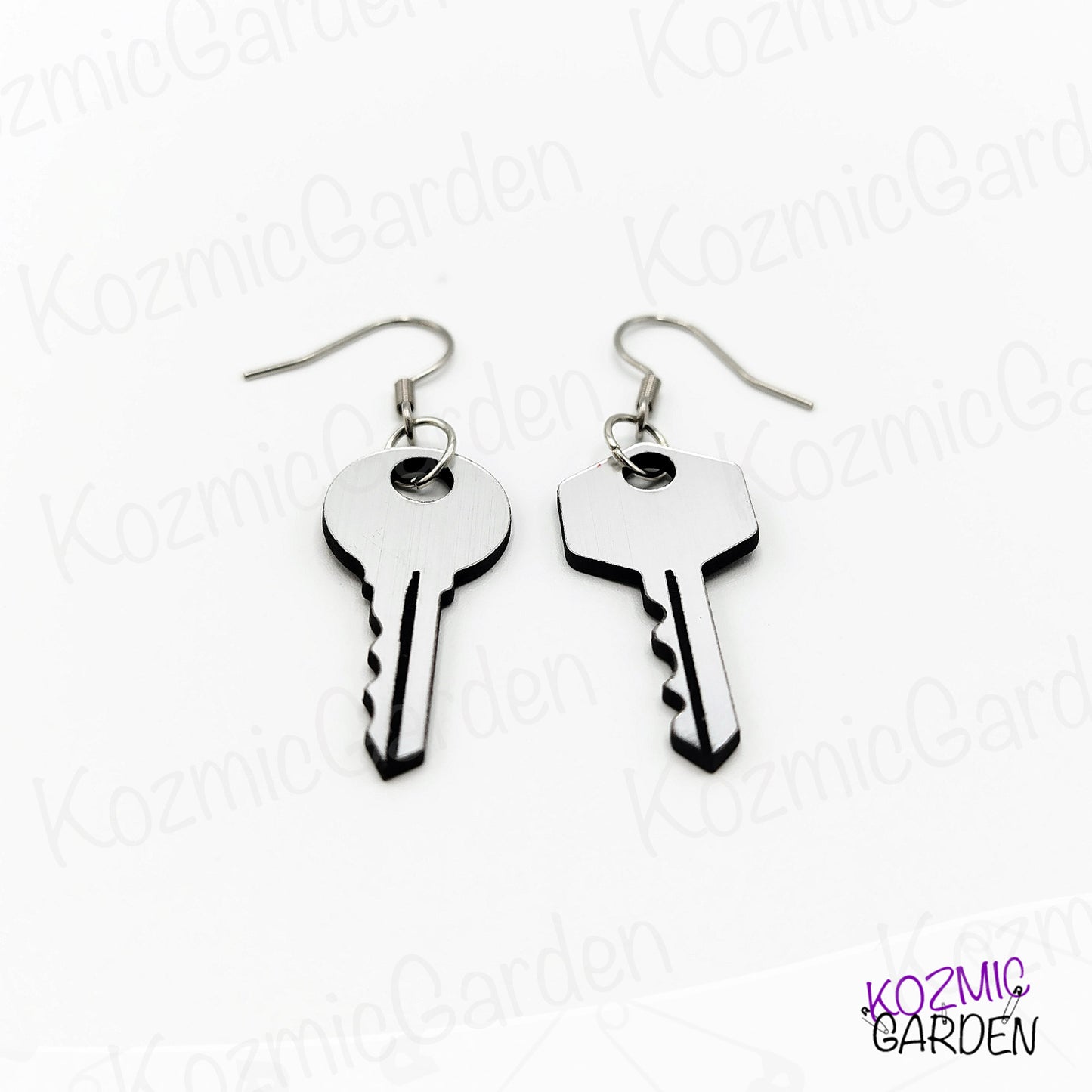 Mismatched Keys Earrings | Fun Silver Acrylic Jewelry with Engraved Details