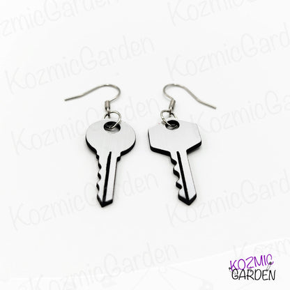 Mismatched Keys Earrings | Fun Silver Acrylic Jewelry with Engraved Details