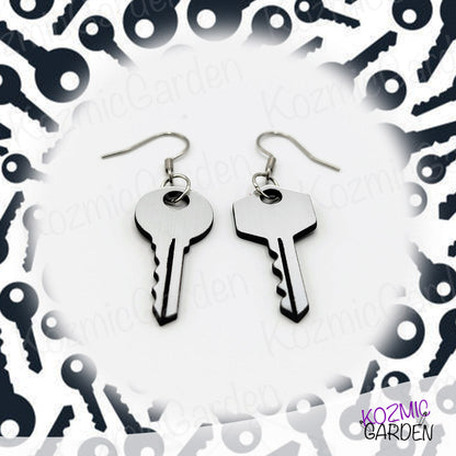 Mismatched Keys Earrings | Fun Silver Acrylic Jewelry with Engraved Details