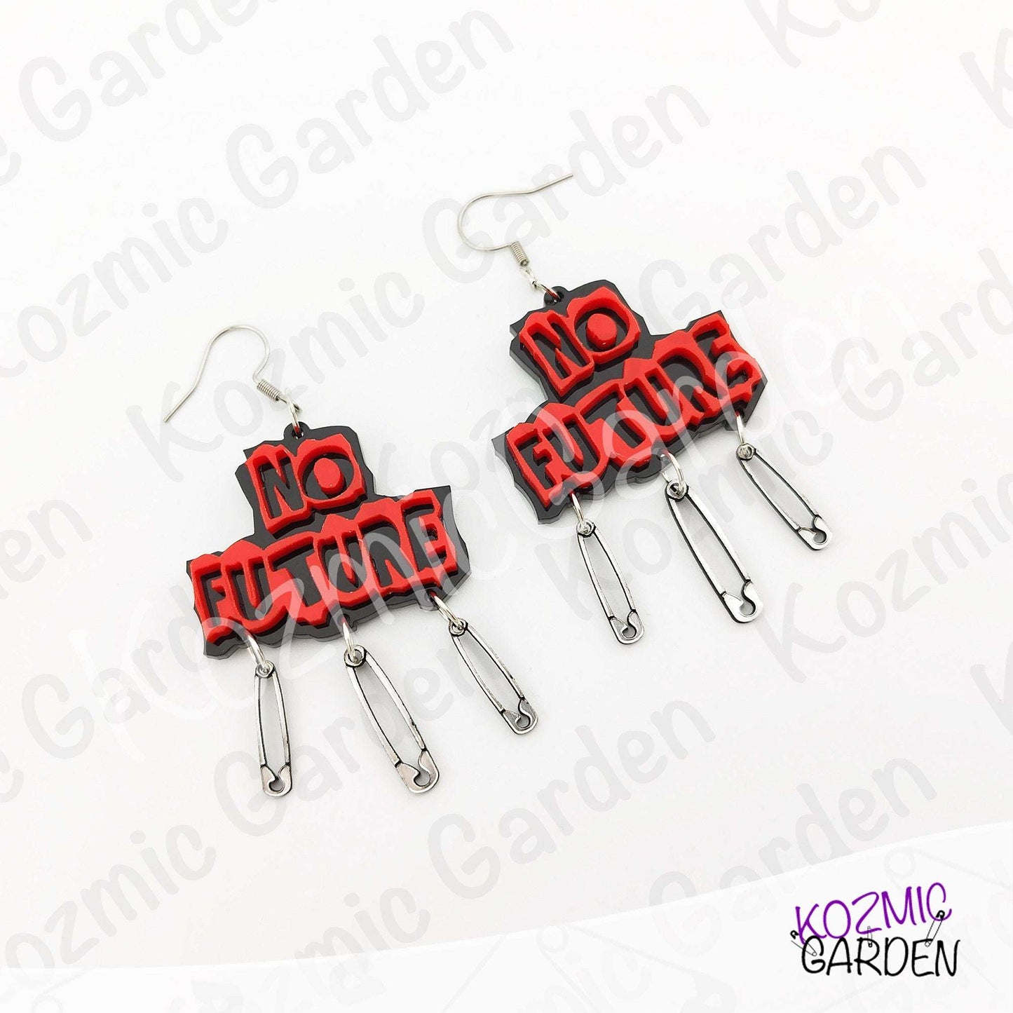 No Future Punk Earrings — Red Black Safety Pin Earrings 70s Punk Revolution