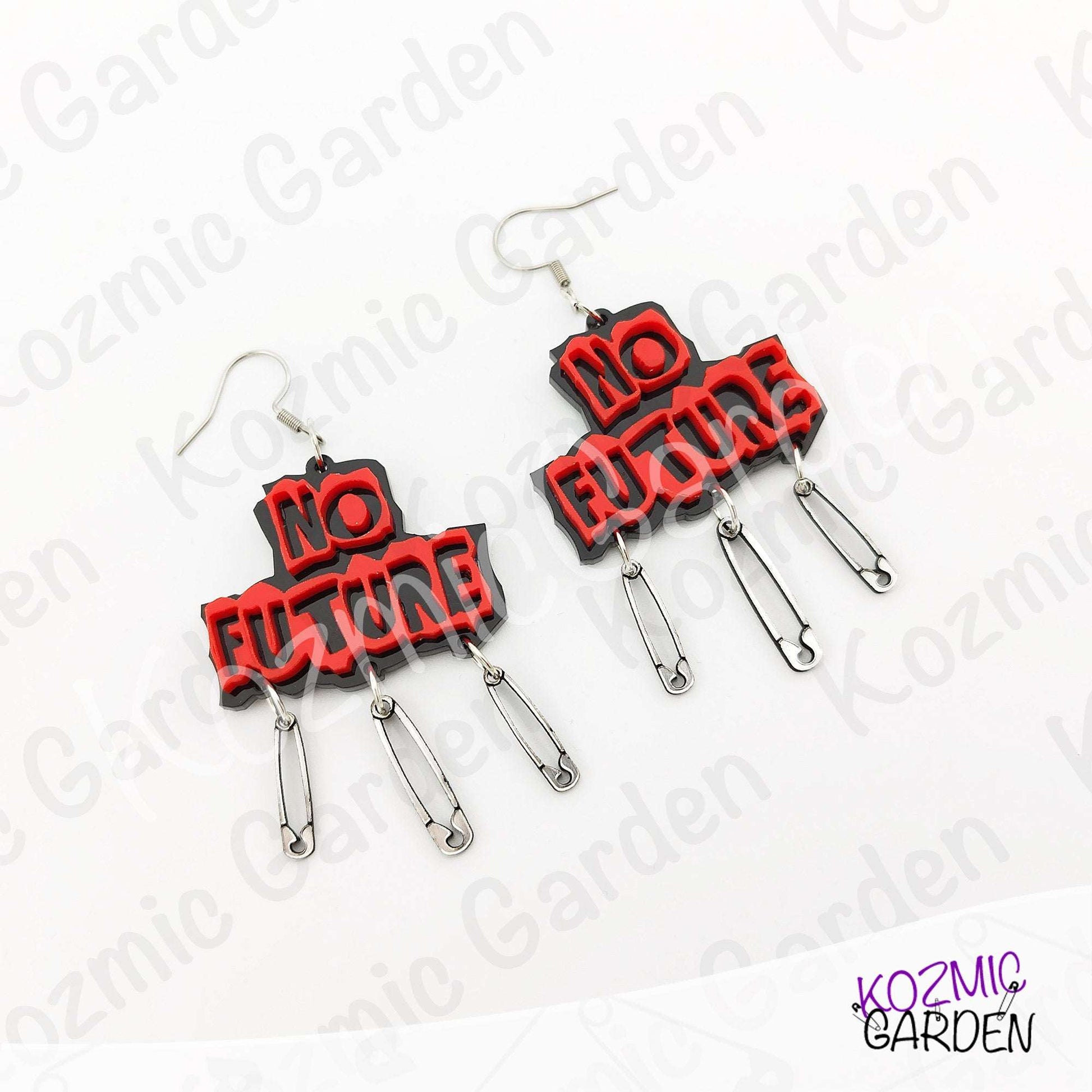 No Future Punk Earrings — Red Black Safety Pin Earrings 70s Punk Revolution