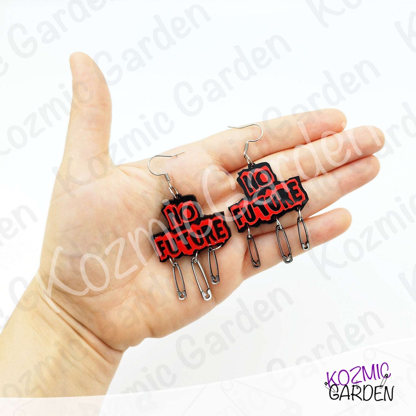 No Future Punk Earrings — Red Black Safety Pin Earrings 70s Punk Revolution