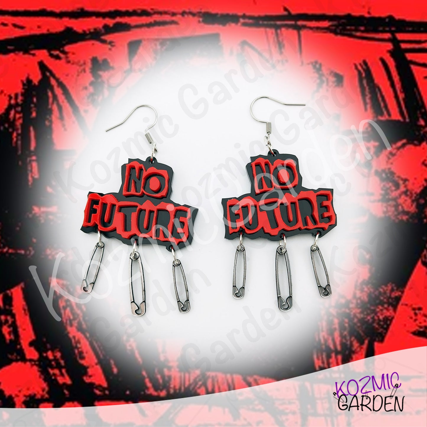 No Future Punk Earrings — Red Black Safety Pin Earrings 70s Punk Revolution