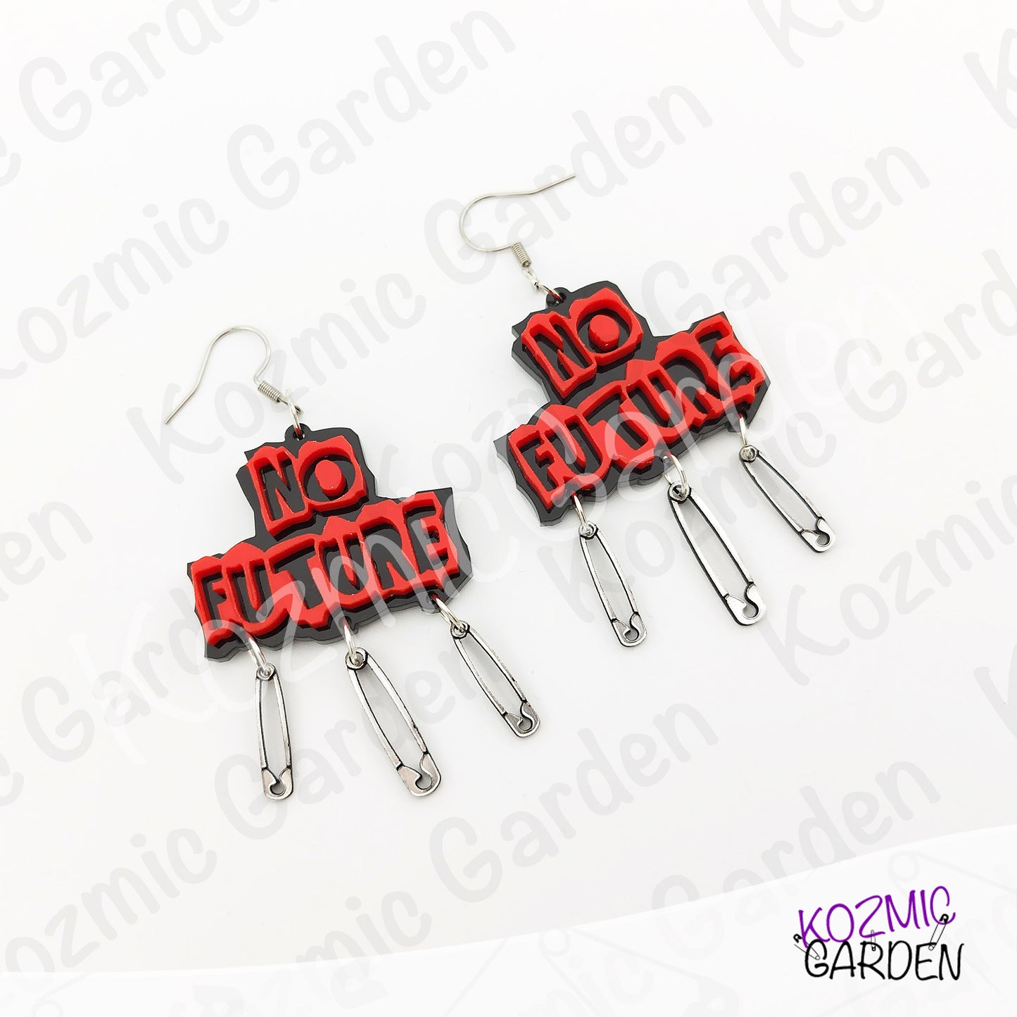 No Future Punk Earrings — Red Black Safety Pin Earrings 70s Punk Revolution