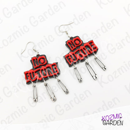 No Future Punk Earrings — Red Black Safety Pin Earrings 70s Punk Revolution