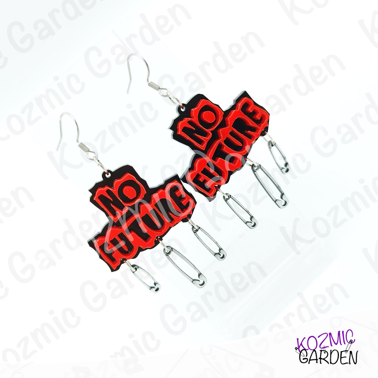 No Future Punk Earrings — Red Black Safety Pin Earrings 70s Punk Revolution