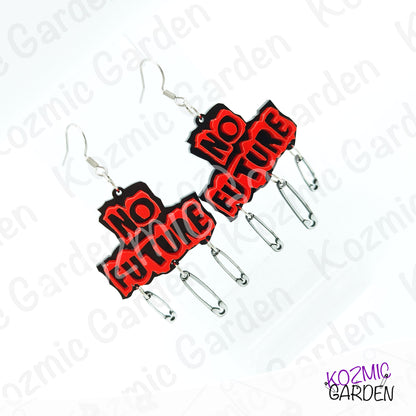 No Future Punk Earrings — Red Black Safety Pin Earrings 70s Punk Revolution