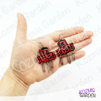 No Future Punk Earrings — Red Black Safety Pin Earrings 70s Punk Revolution