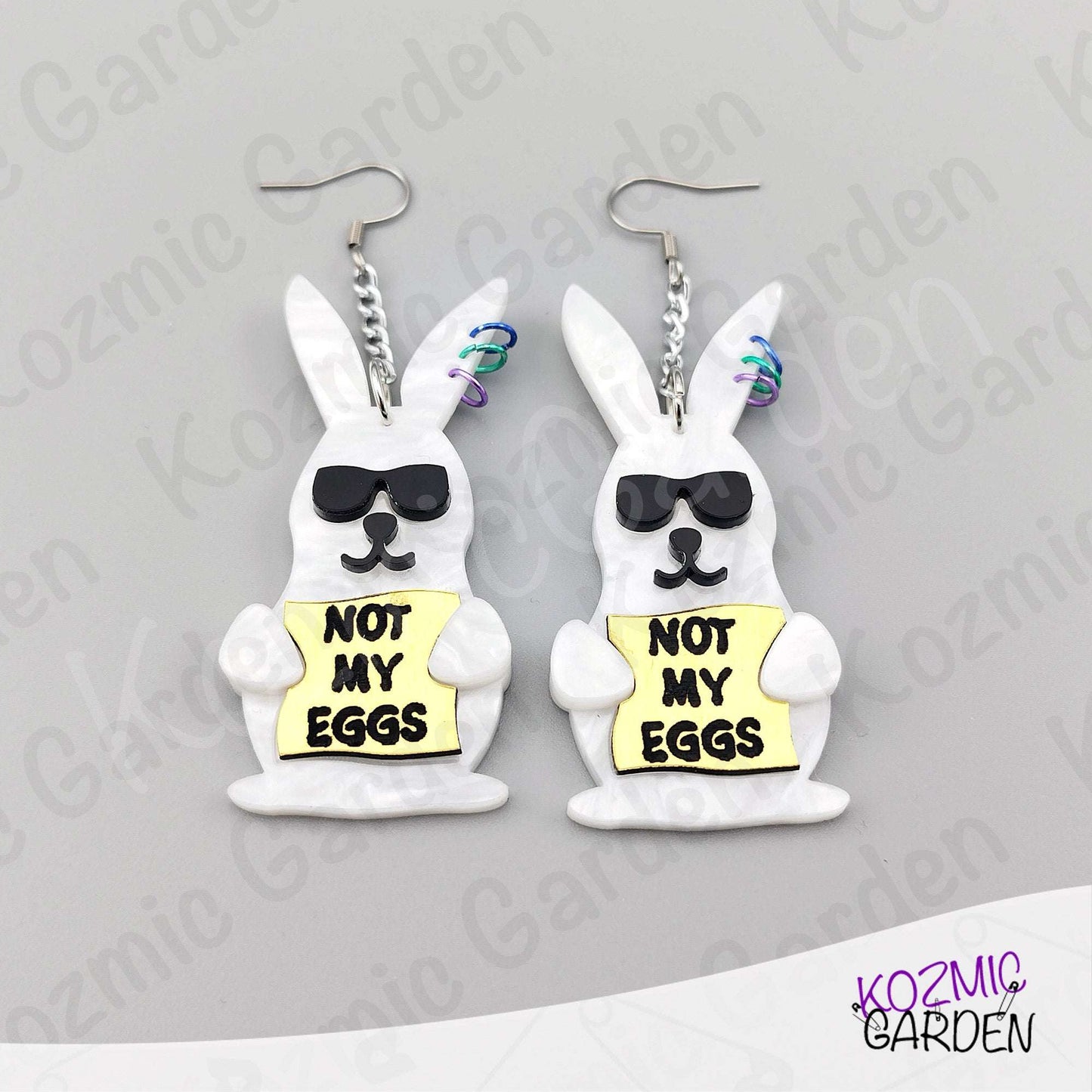 Funny Easter Rabbit Earrings – White Pearled Bunnies with Sunglasses, “Not My Eggs” Dangle Earrings