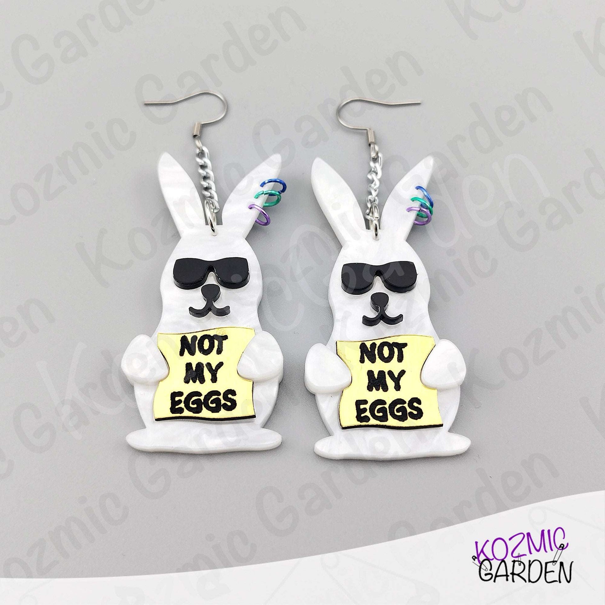 Funny Easter Rabbit Earrings – White Pearled Bunnies with Sunglasses, “Not My Eggs” Dangle Earrings