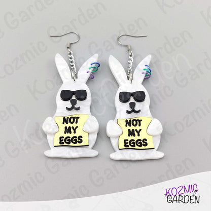 Funny Easter Rabbit Earrings – White Pearled Bunnies with Sunglasses, “Not My Eggs” Dangle Earrings