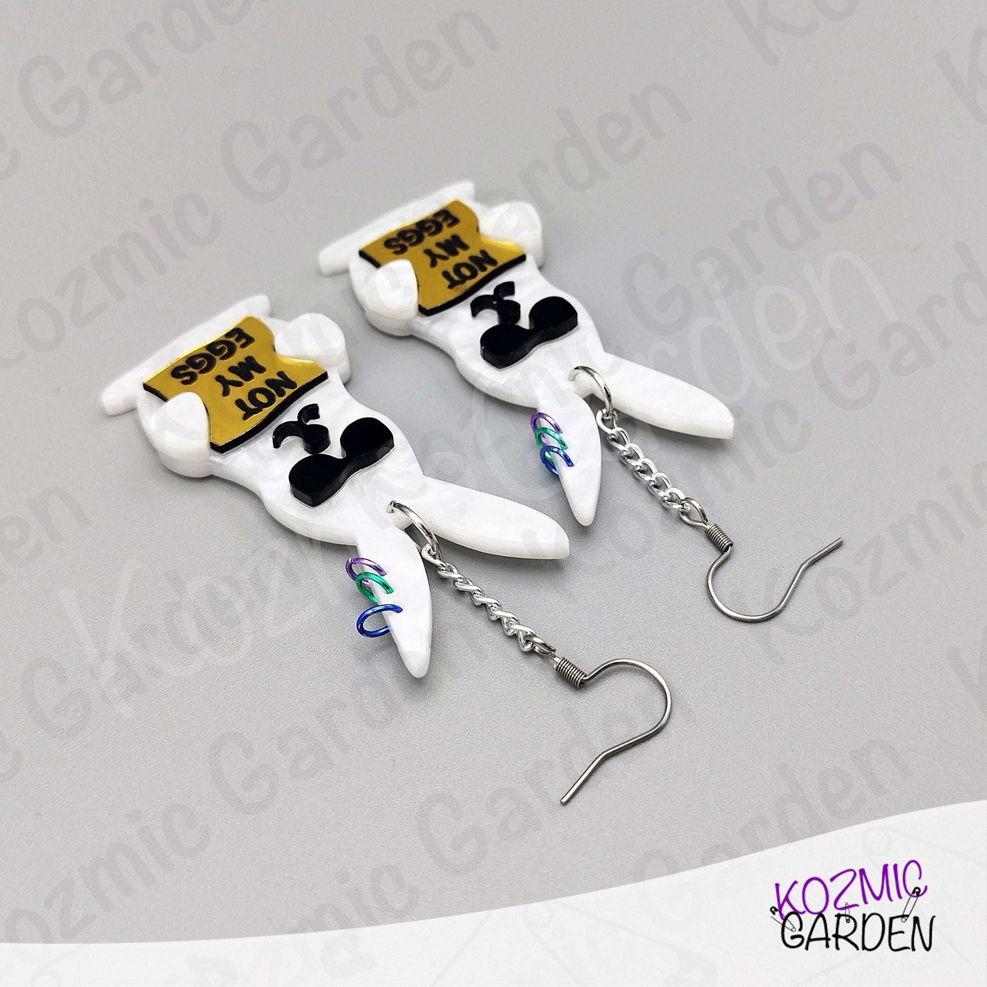Funny Easter Rabbit Earrings – White Pearled Bunnies with Sunglasses, “Not My Eggs” Dangle Earrings