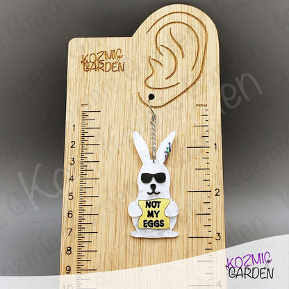 Funny Easter Rabbit Earrings – White Pearled Bunnies with Sunglasses, “Not My Eggs” Dangle Earrings