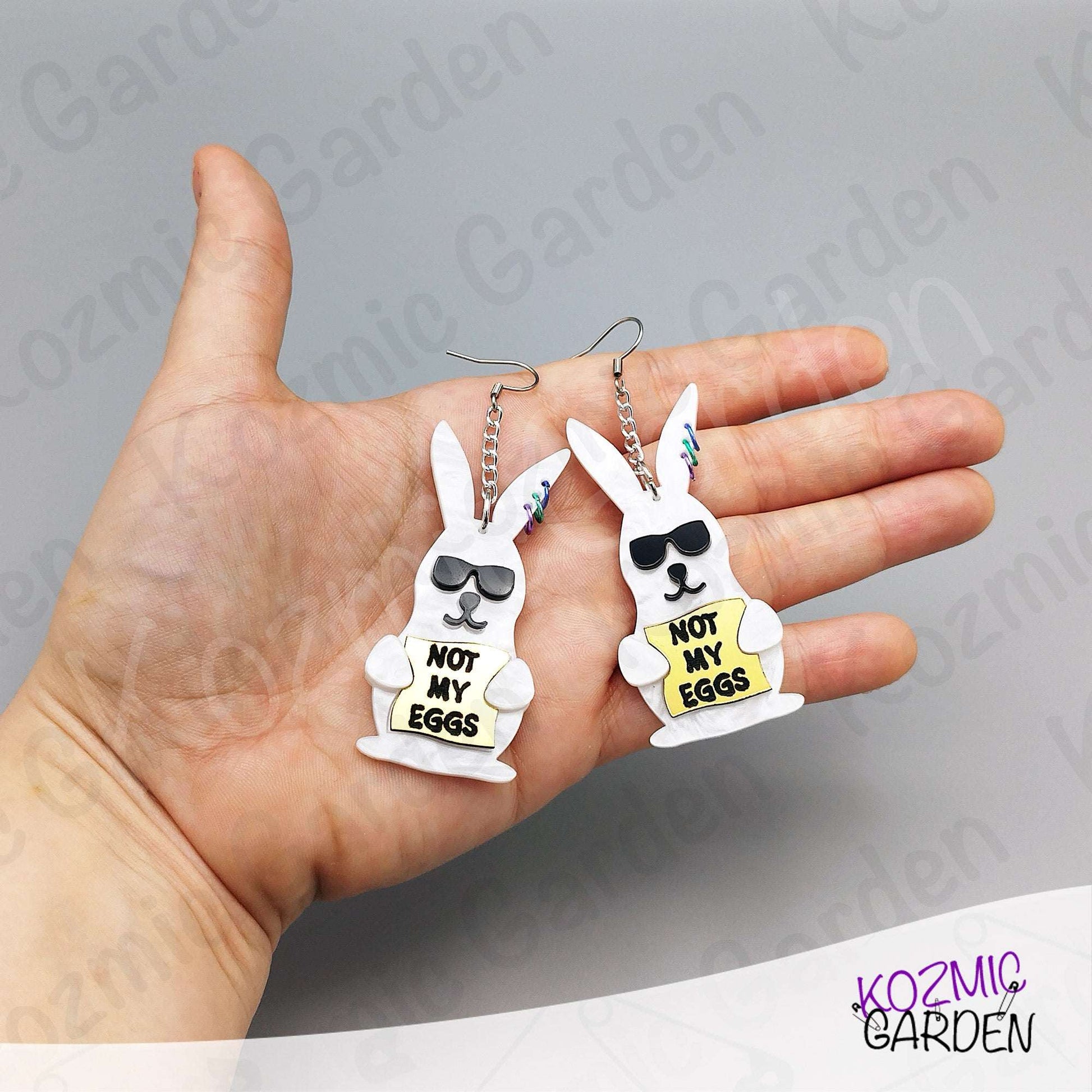 Funny Easter Rabbit Earrings – White Pearled Bunnies with Sunglasses, “Not My Eggs” Dangle Earrings