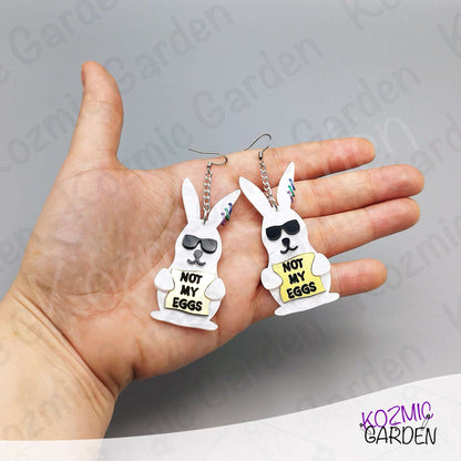 Funny Easter Rabbit Earrings – White Pearled Bunnies with Sunglasses, “Not My Eggs” Dangle Earrings
