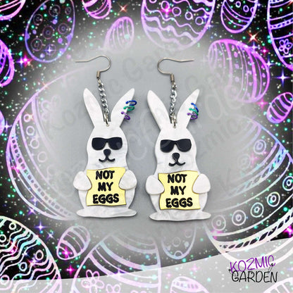 Funny Easter Rabbit Earrings – White Pearled Bunnies with Sunglasses, “Not My Eggs” Dangle Earrings