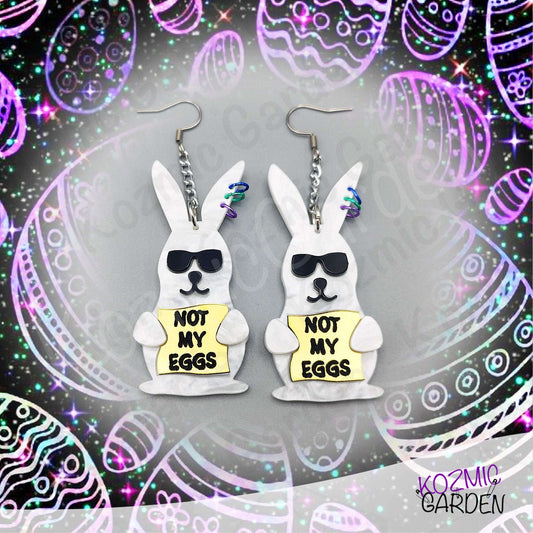 Funny Easter Rabbit Earrings – White Pearled Bunnies with Sunglasses, “Not My Eggs” Dangle Earrings