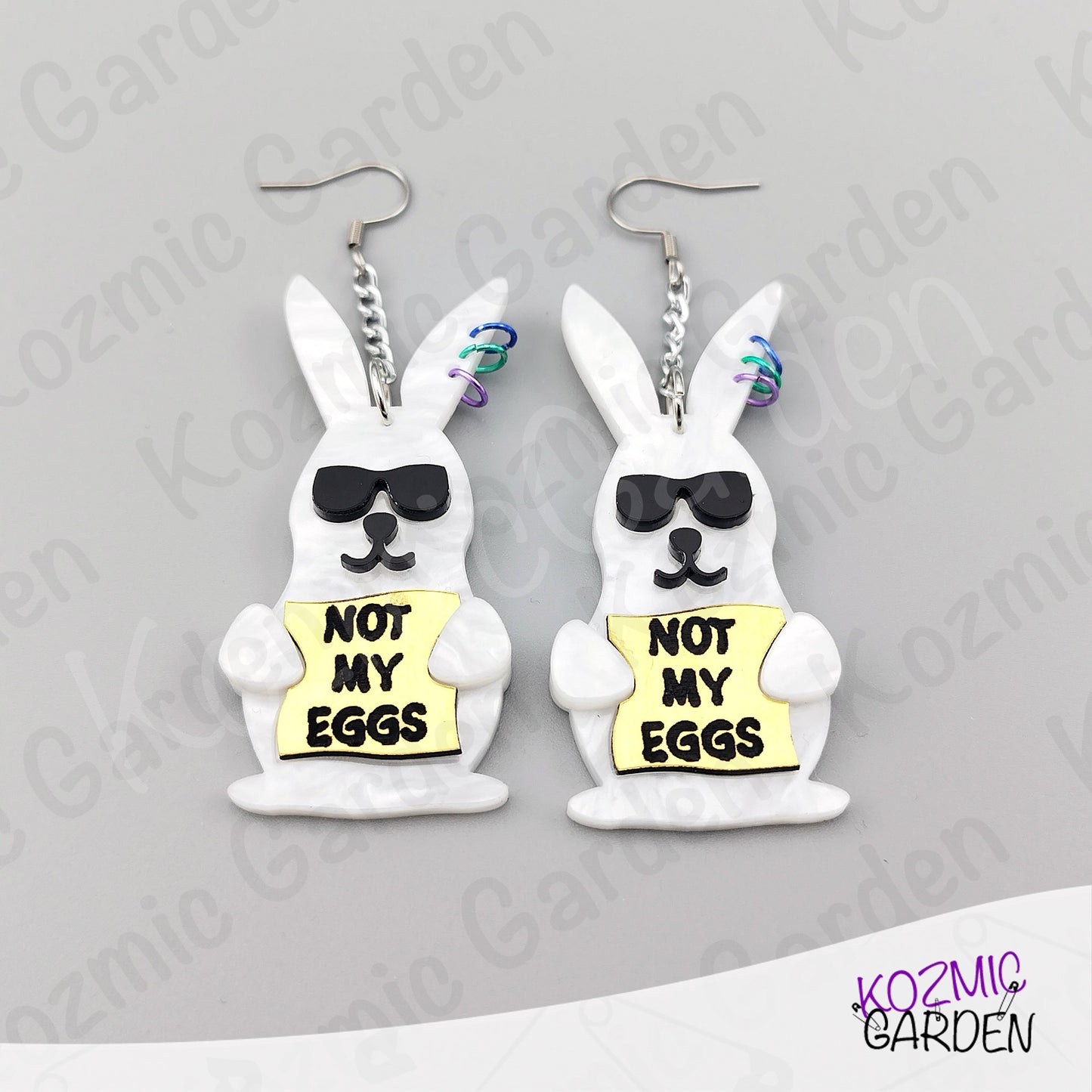 Funny Easter Rabbit Earrings – White Pearled Bunnies with Sunglasses, “Not My Eggs” Dangle Earrings