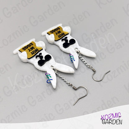 Funny Easter Rabbit Earrings – White Pearled Bunnies with Sunglasses, “Not My Eggs” Dangle Earrings