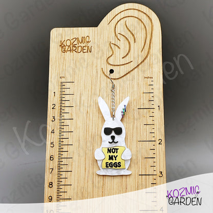 Funny Easter Rabbit Earrings – White Pearled Bunnies with Sunglasses, “Not My Eggs” Dangle Earrings