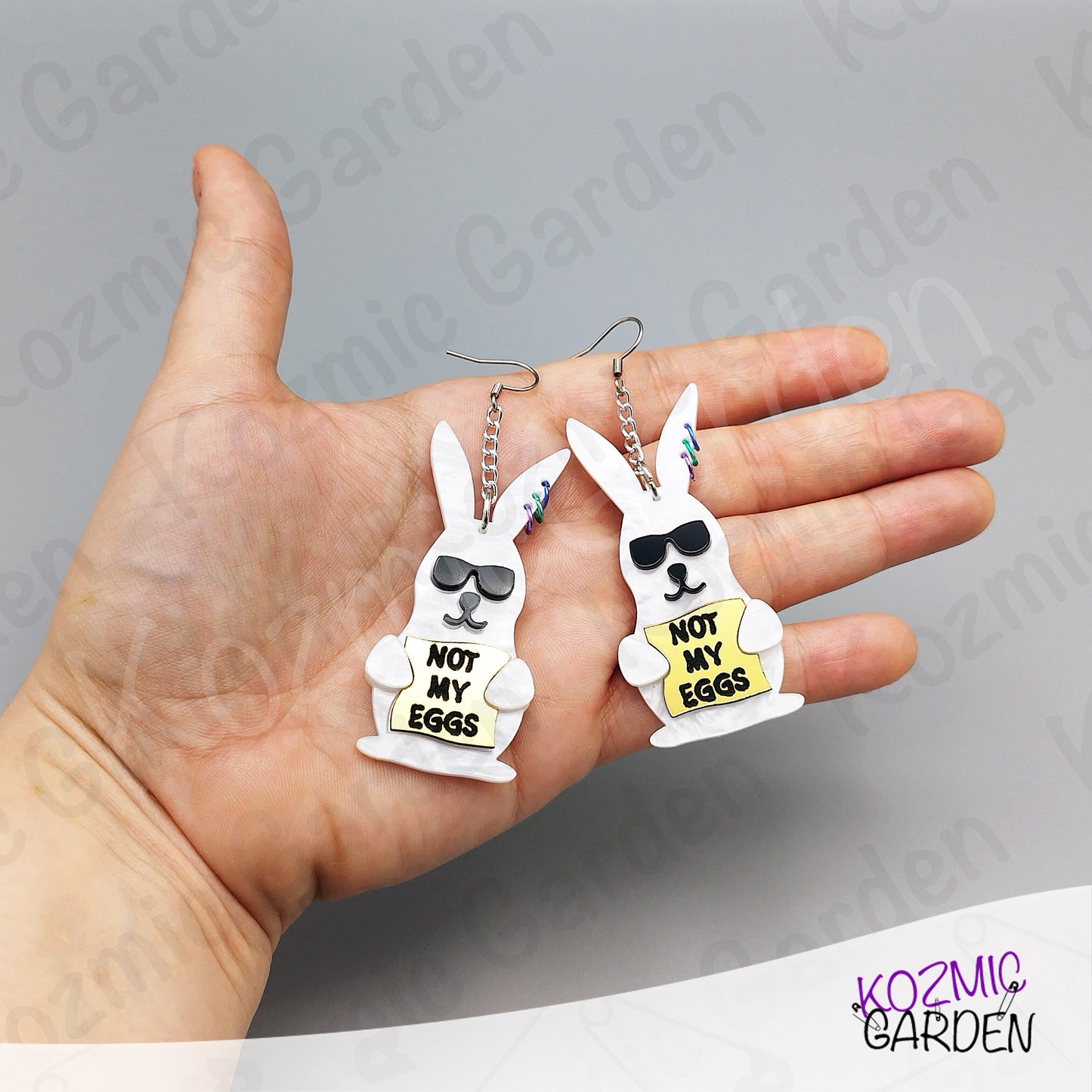 Funny Easter Rabbit Earrings – White Pearled Bunnies with Sunglasses, “Not My Eggs” Dangle Earrings