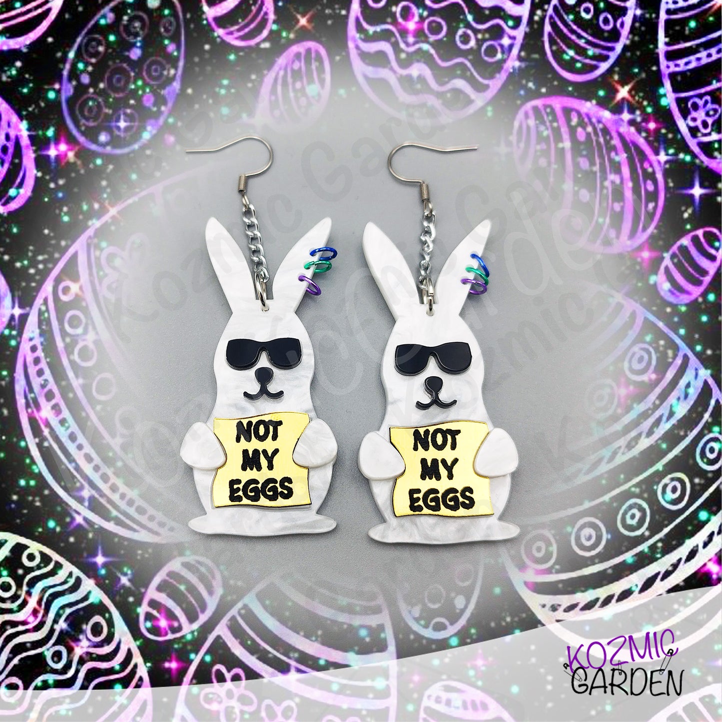 Funny Easter Rabbit Earrings – White Pearled Bunnies with Sunglasses, “Not My Eggs” Dangle Earrings