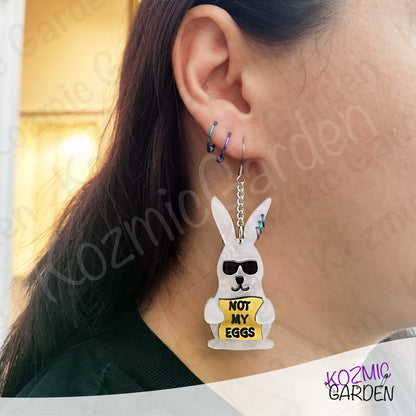 Funny Easter Rabbit Earrings – White Pearled Bunnies with Sunglasses, “Not My Eggs” Dangle Earrings