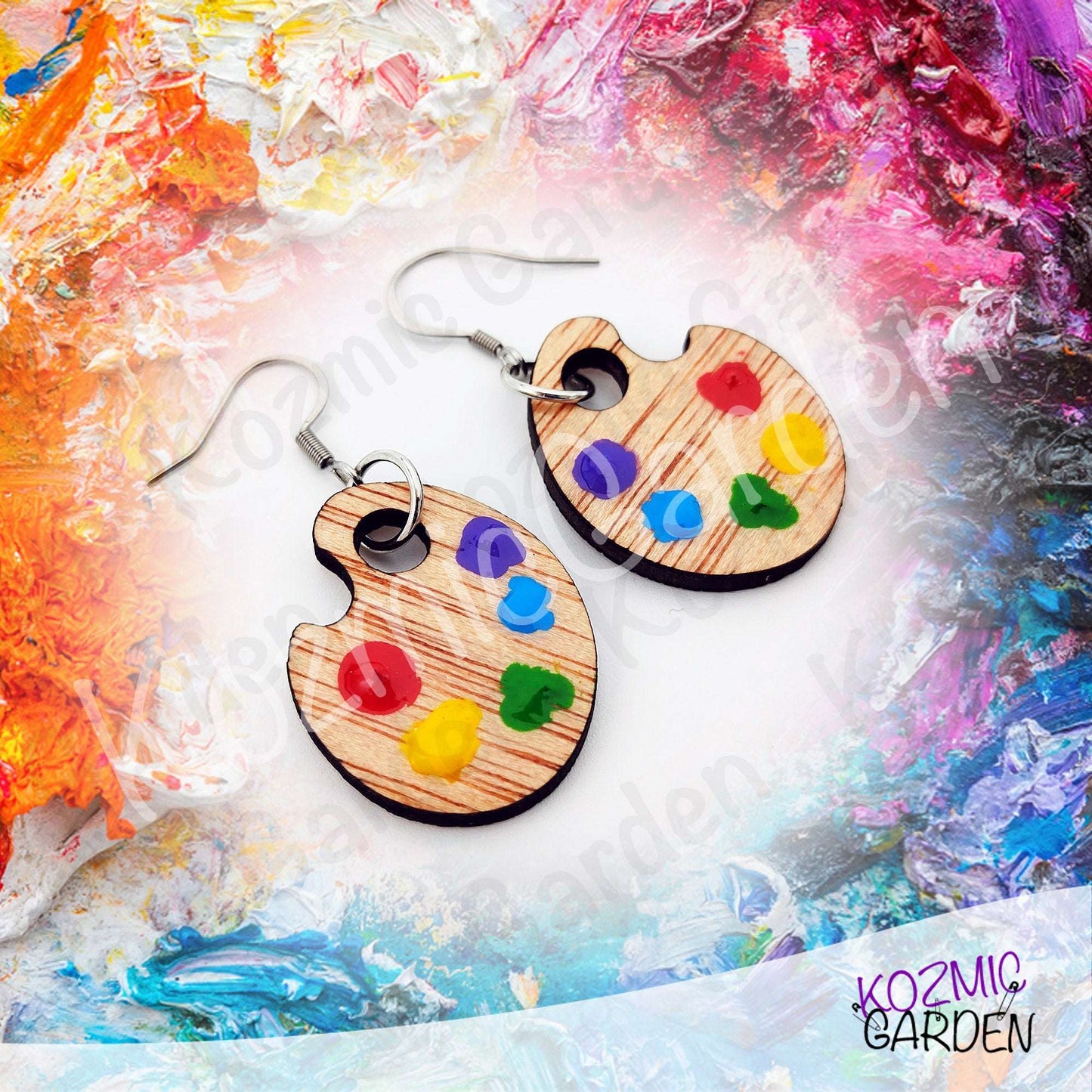 Wooden Painter's Palette Earrings | Hand-Painted Colors