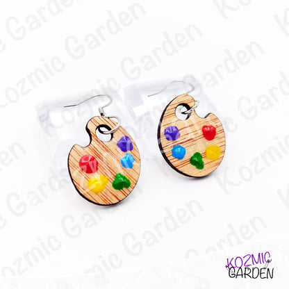 Wooden Painter's Palette Earrings | Hand-Painted Colors