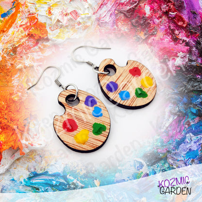 Wooden Painter's Palette Earrings | Hand-Painted Colors