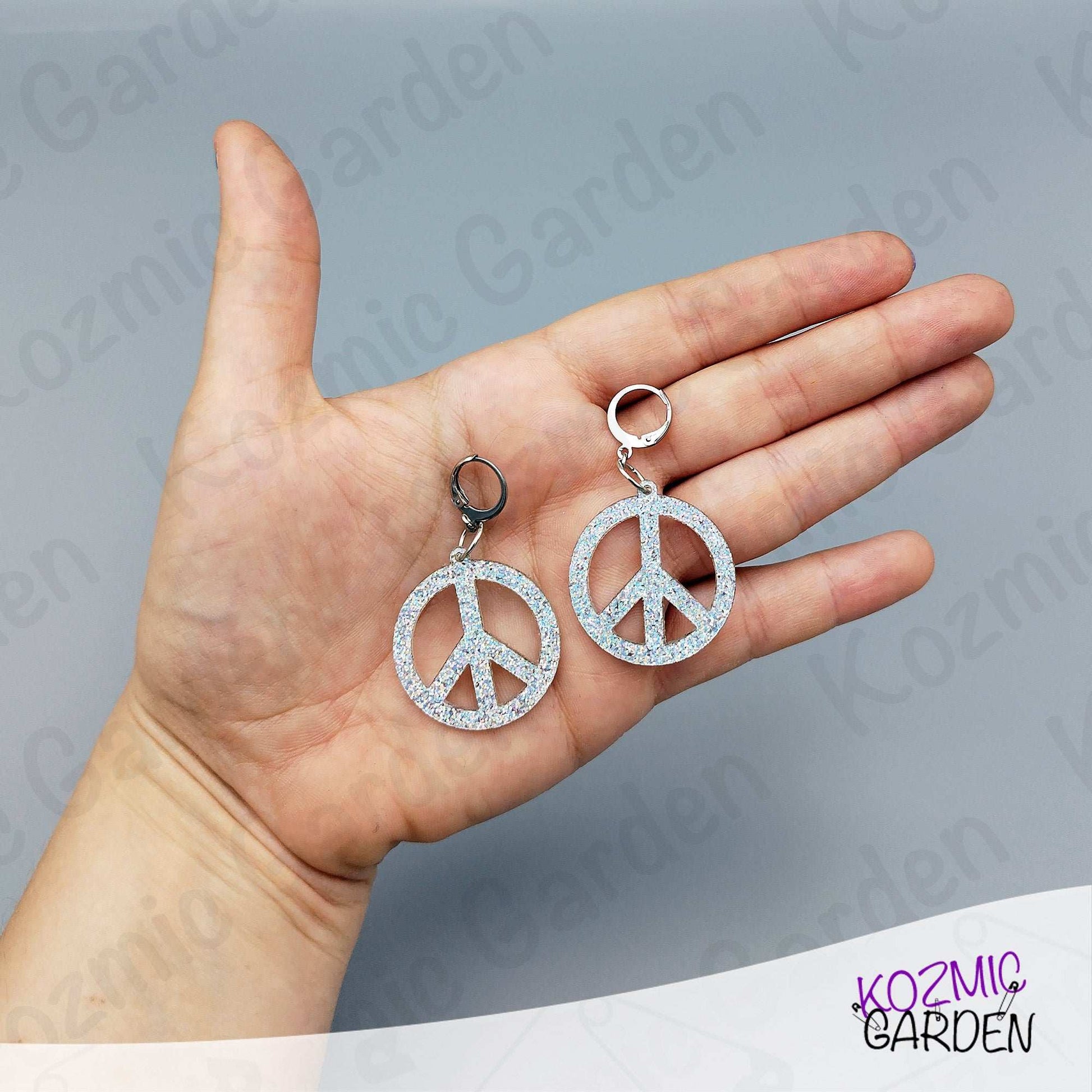 Silver Glitter Peace Symbol Earrings - Peace, love, and a little glitter!