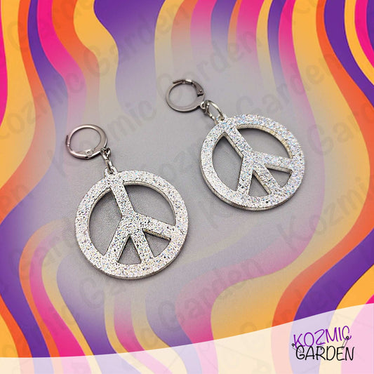 Silver Glitter Peace Symbol Earrings - Peace, love, and a little glitter!