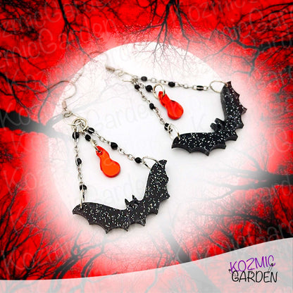 Batty & Bloody: Glittery Gothic Bat Dangles with Chains & Mirror Blood Drop