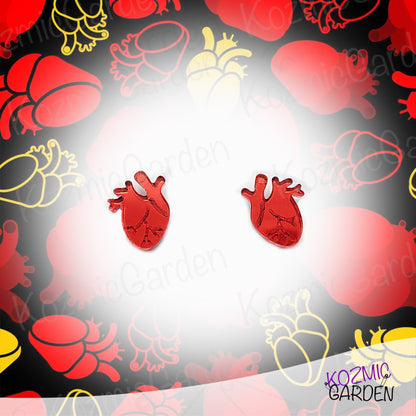 Mirrored Red Anatomical Heart Stud Earrings - Perfect for Goths Cardiology Doctors!