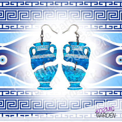 Blue Greek Vase Earrings – Broken Pottery Design, Mythology Jewelry, Greek Earrings