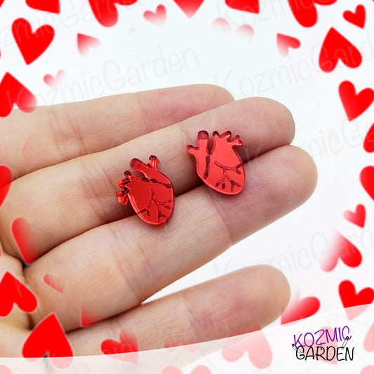 Mirrored Red Anatomical Heart Stud Earrings - Perfect for Goths Cardiology Doctors!