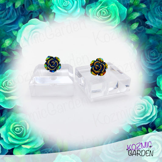 Bluish Iridescent Rose Stud Earrings - Wear the Spring on your ears!