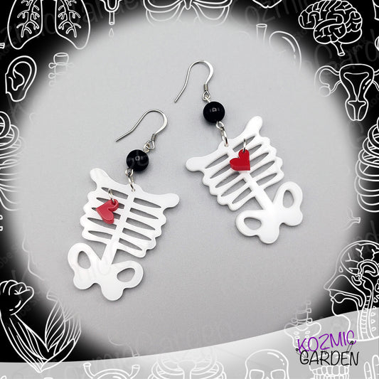 Rib Cage Earrings with Dangling Red Heart – Love Me to the Bone!