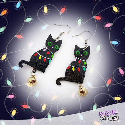 Black Cat Christmas Earrings with Jingle Bell – Festive Holiday Jewelry for Cat Lovers