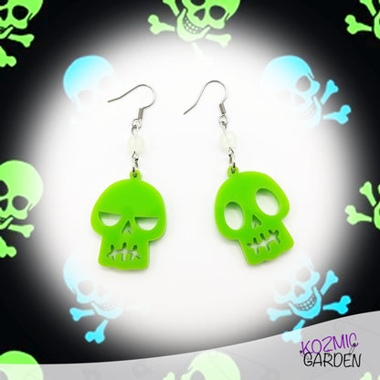 Mismatched Green Skull Earrings – Happy and Angry Green Fellas