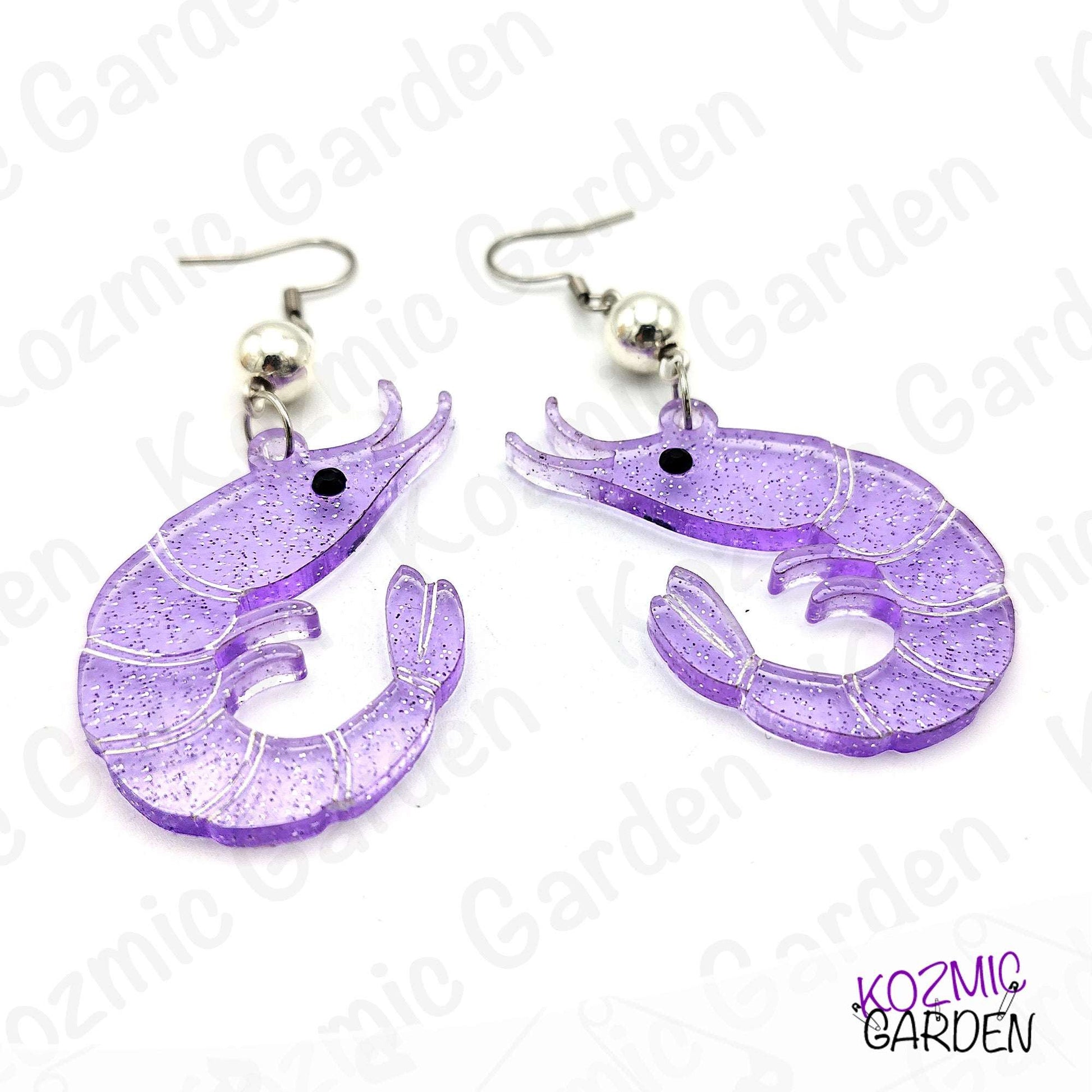 Purple Glitter Shrimp Earrings - Tiny shrimp, big sparkle – fun earrings for quirky style lovers!