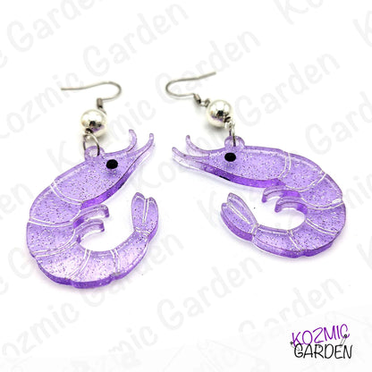 Purple Glitter Shrimp Earrings - Tiny shrimp, big sparkle – fun earrings for quirky style lovers!