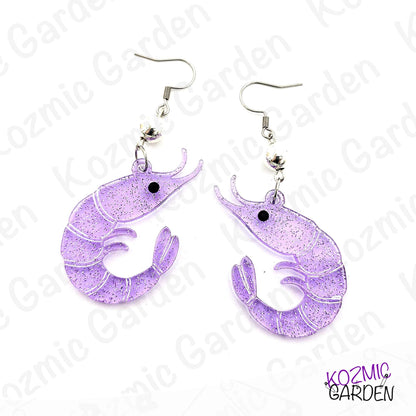 Purple Glitter Shrimp Earrings - Tiny shrimp, big sparkle – fun earrings for quirky style lovers!
