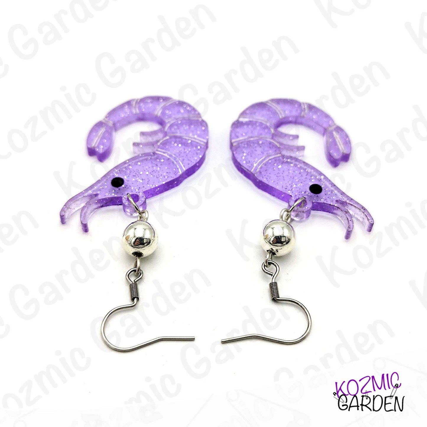 Purple Glitter Shrimp Earrings - Tiny shrimp, big sparkle – fun earrings for quirky style lovers!