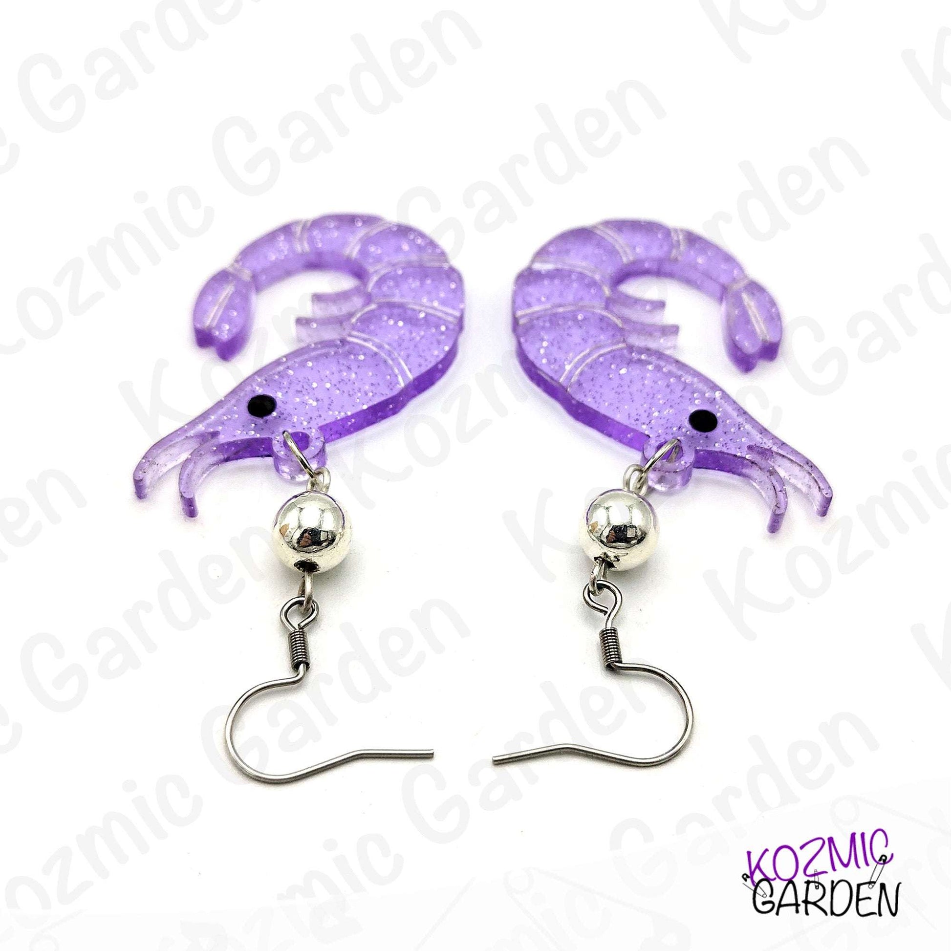 Purple Glitter Shrimp Earrings - Tiny shrimp, big sparkle – fun earrings for quirky style lovers!